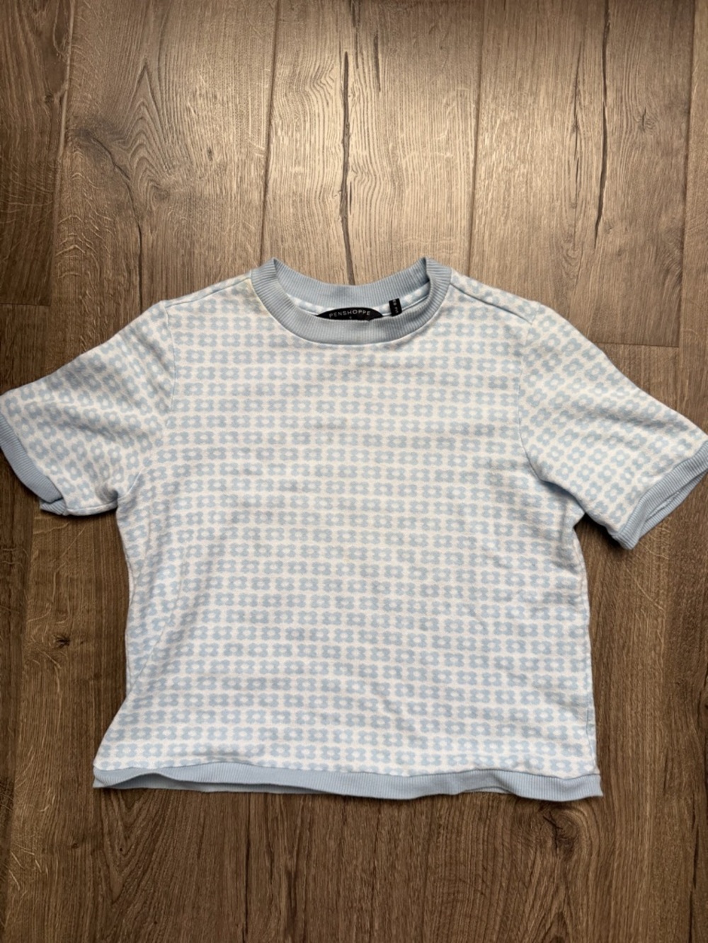 Pennshope Pale Blue & White Geometric Short Sleeve Knit Top